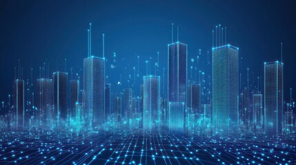 Digital cityscape, futuristic city skyline with glowing network