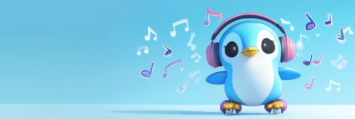 Cute blue penguin wearing headphones and roller skates, surrounded by music notes
