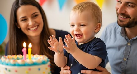 A joyful baby claps hands in delight while parents smile warmly, celebrating a first birthday with a festive cake adorned with lit candles and colorful decorations.