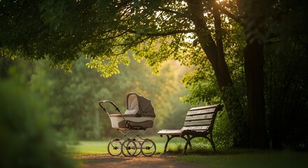An empty baby carriage and a park bench rest peacefully under a large tree at golden hour.