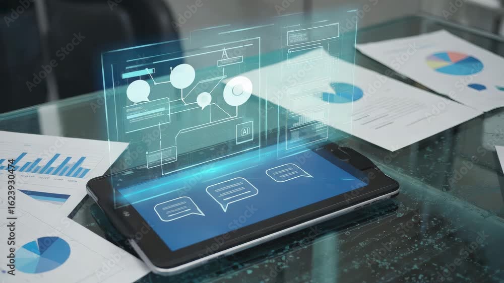 Aufkleber business analytics and digital communication on tablet with futuristic interface display