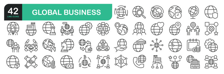 Set Of Global Business Icons. Outline Symbols Elements Collection.