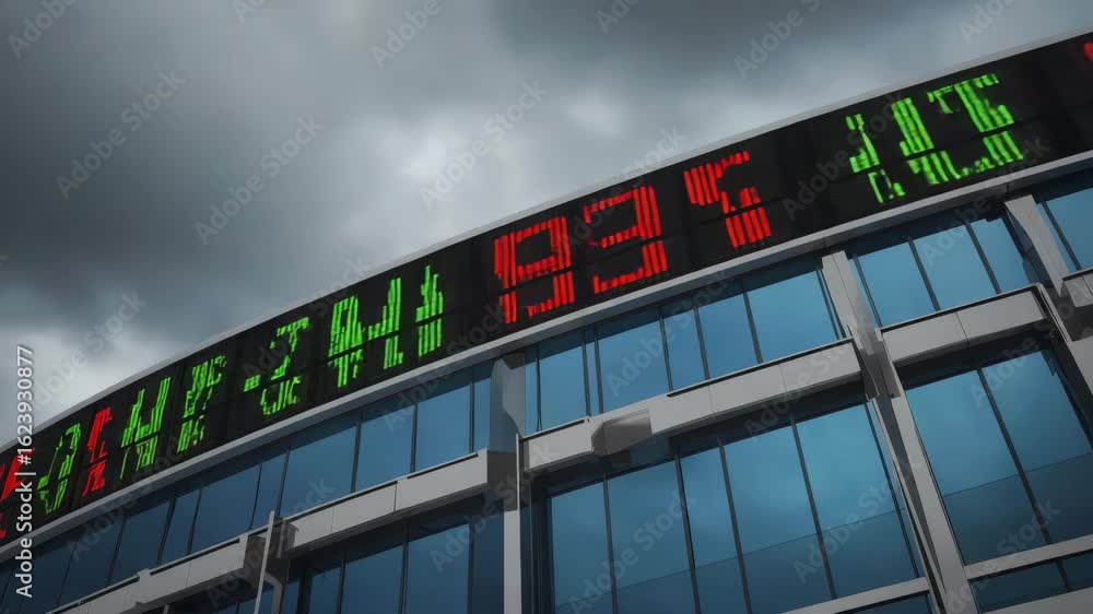Poster stock market exchange building displaying price ticker data with cloudy sky background