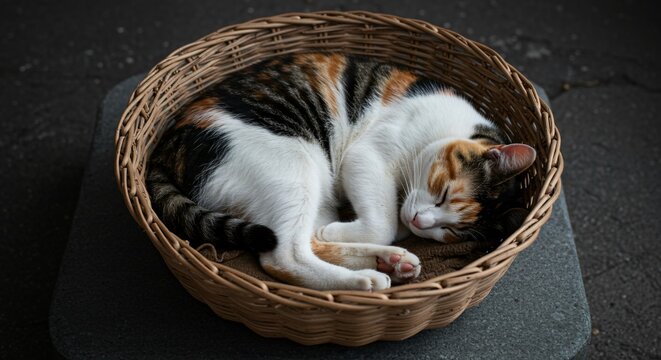 Calico Cat Sleeping Curled in Basket on Gray Stone Surface - Powered by Adobe
