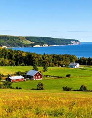 Coastal farm landscape with bright sun