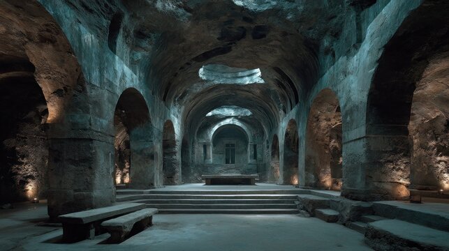 Majestic cavern interior: Ancient architecture with arched structure lighting