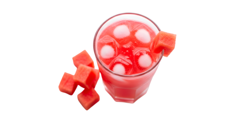 Refreshing Watermelon Juice with Ice Cubes Sits on Transparent Background in Summer, Top View