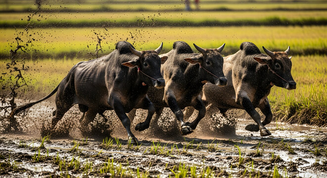 Four Powerful Bulls Racing Through Muddy Field During Traditional Karapan Sapi Race