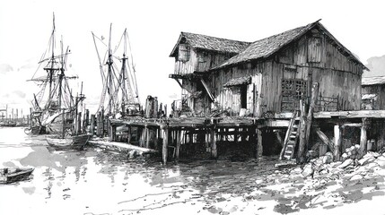 Sketch of dockside buildings with tall-masted ships, rendered in monochrome ink washes