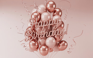 A 3D render of a "Happy Birthday!" message in white cursive text floating among rose gold and pink metallic balloons against a light pink background. 