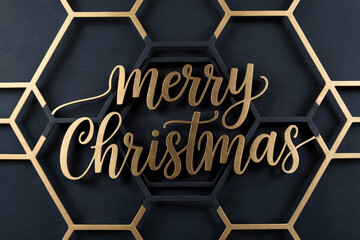 A minimalist holiday greeting card design featuring the text "Merry Christmas" in elegant gold script lettering centered against a dark navy blue background. 