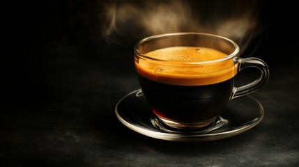 A steaming espresso in a clear glass cup, on a dark surface
