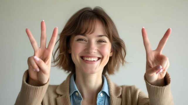 Woman with short bob cut making peace sign with glowing smile