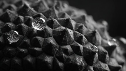 Lychee peel close-up in black and white with water droplets creating light refraction