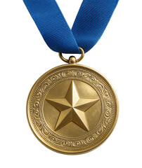 Fototapeta premium Realistic gold medal of honor with a star, decorative filigree, and blue ribbon for achievement, Isolated on Transparent and White Background