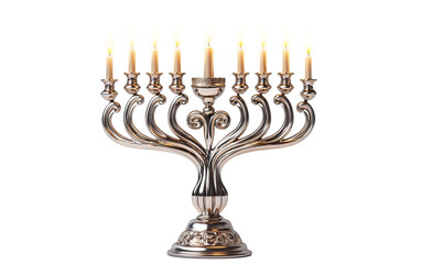 Elegant silver menorah with swirling artistic base crafted for ceremonial candle lighting isolated on transparent background PNG