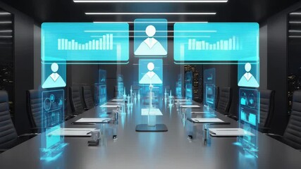 Futuristic virtual meeting room with holographic displays and data visualization for business - Powered by Adobe