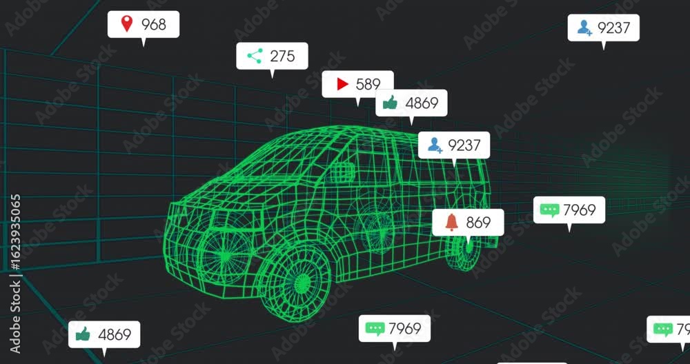Poster neon green van after one second showing bubbles appearing growing across grid for dynamic metrics