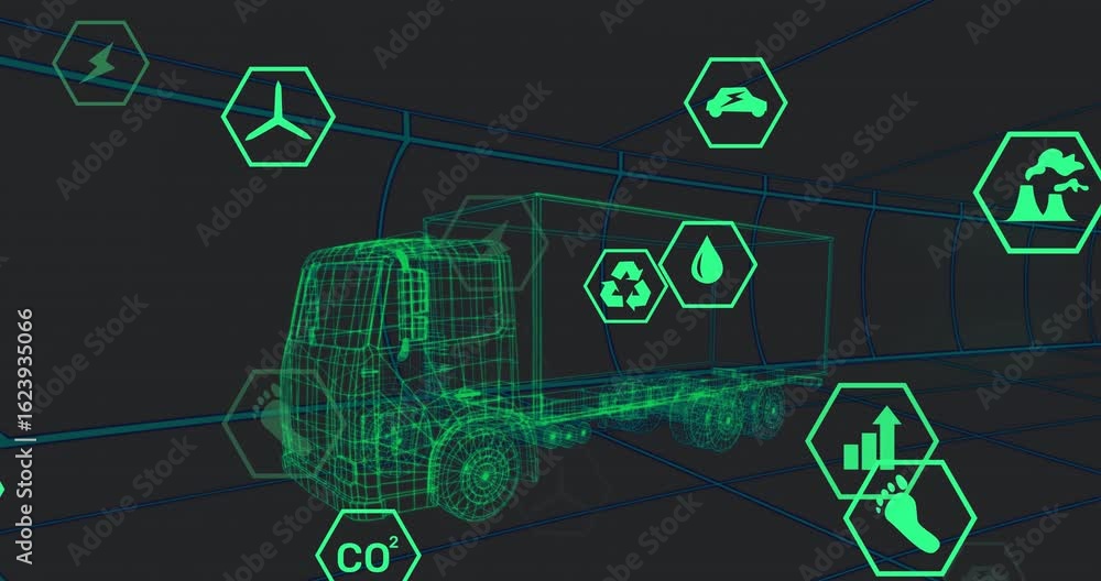 Poster opening wireframe truck showing hex icons floating and rotating visualizing sustainability
