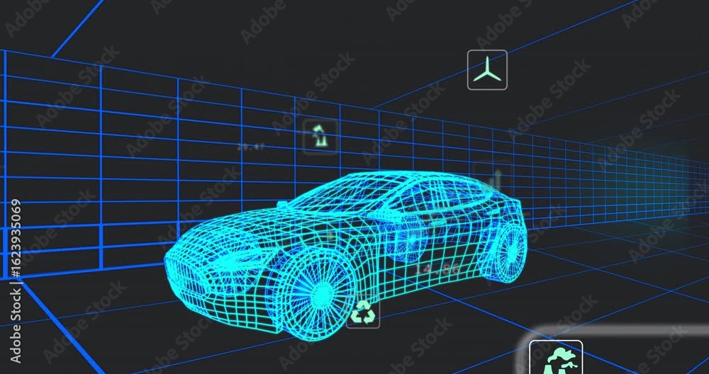 Poster wireframe sedan model opening in navy grid fading metric icons and highlighting environmental data