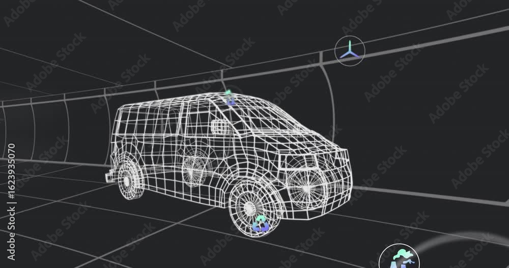 Poster wireframe van model static until wind turbine icon appearing causing icons orbiting, data updating
