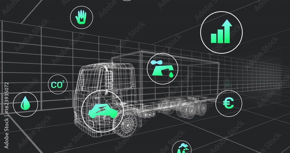Aufkleber grid opening showing 3d wireframe semi-trailer truck with icons orbiting visualizing emissions data