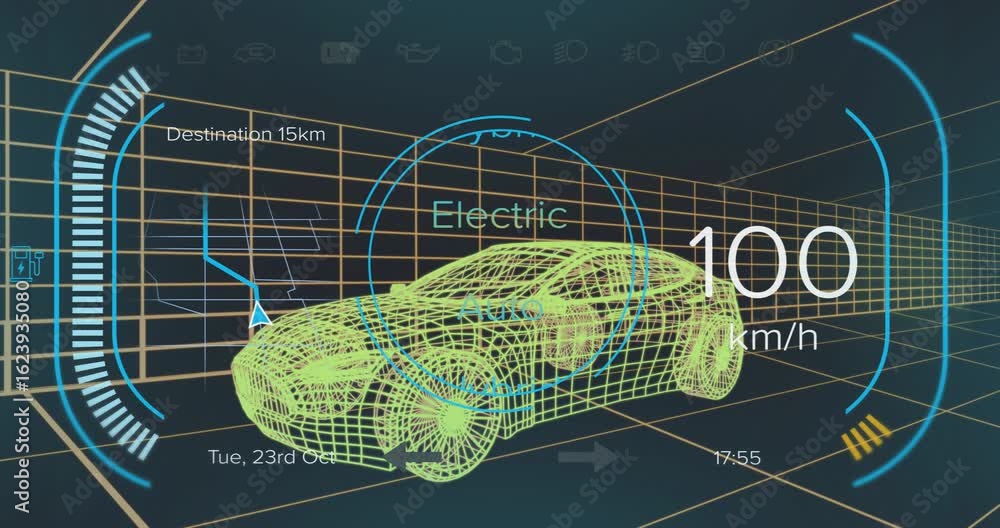 Poster starting in auto mode wireframe car accelerating, slowing and switching drive modes for demo
