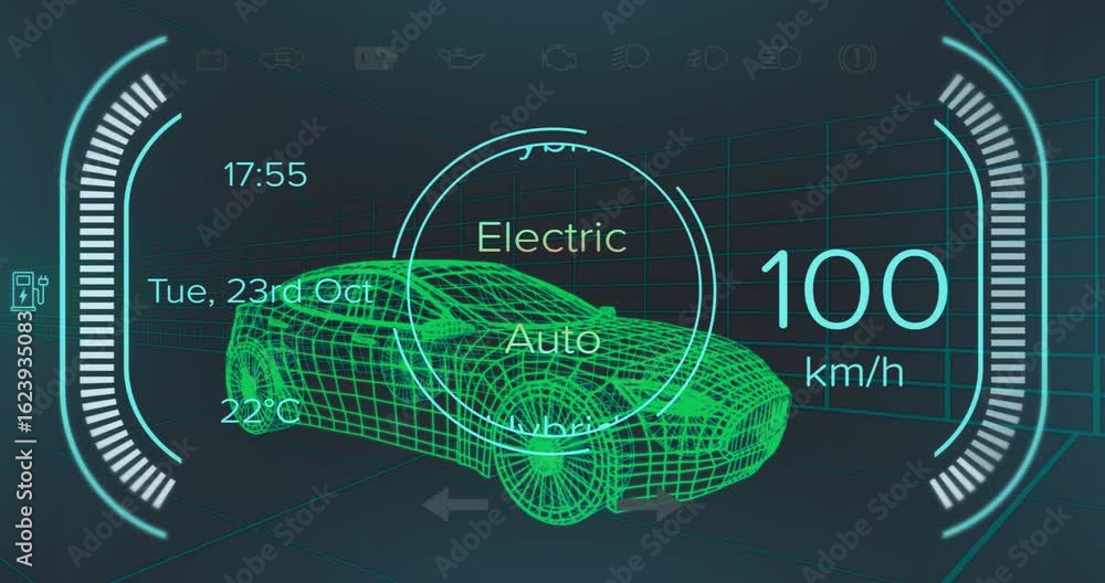 Poster car startup animating clear cluster wireframe car accelerating switching modes showing powertrain