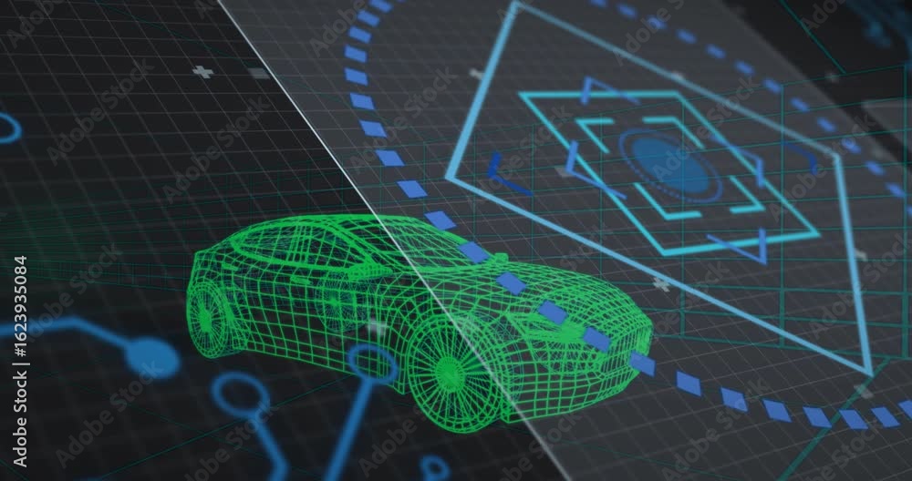 Poster sequence showing wireframe car appearing on grid ui fading ring rotating square pulsing framing car