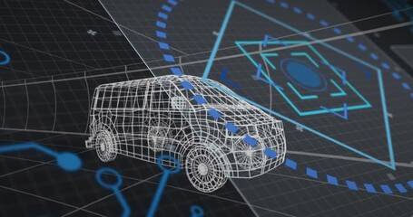 When circuit lines materializing, wireframe van receiving rotating HUD overlays visualizing network - Powered by Adobe