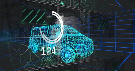 On load cyan wireframe van showing globe, performance gauge rising, falling numbers sliding panels - Powered by Adobe