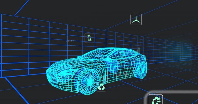 Wireframe sedan model opening in navy grid fading metric icons and highlighting environmental data