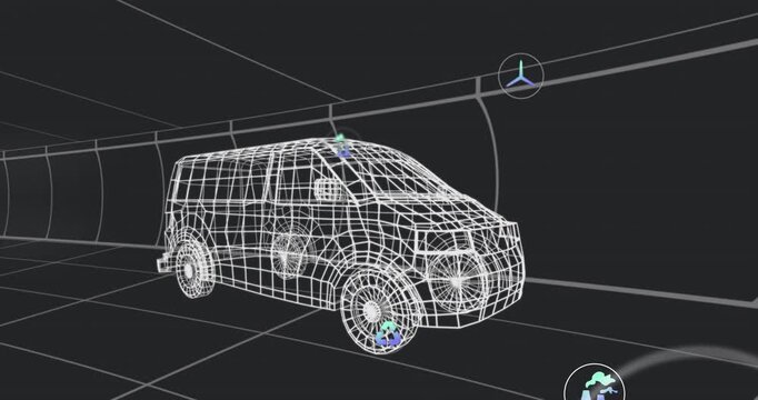 Wireframe van model static until wind turbine icon appearing causing icons orbiting, data updating