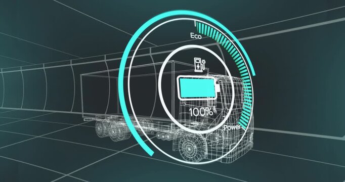 Wireframe truck starting with battery gauge at 9% rising to 100% falling to 13% illustrating cycle
