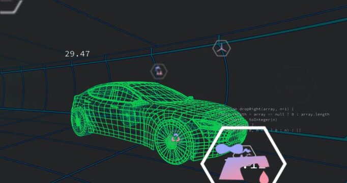 Opening frame starting neon green wireframe sports car displaying pulsing icons visualizing metrics