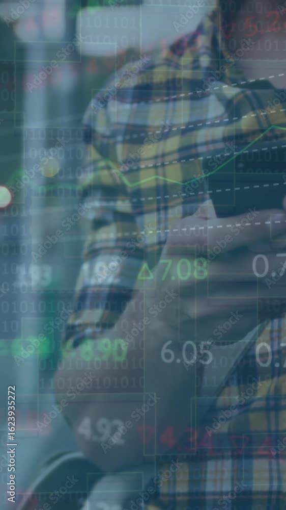 Aufkleber animation of financial data processing over caucasian man using smartphone in city