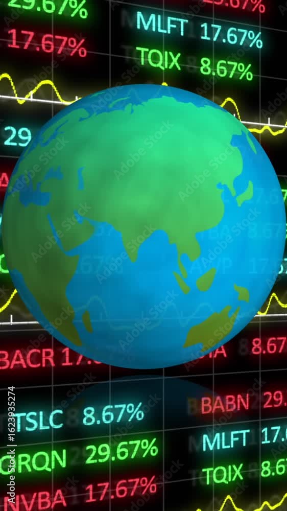 Poster animation of globe over financial graphs and data