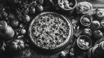 Overhead shot of a pizza surrounded by tomatoes, garlic, and cooking utensils in B&W