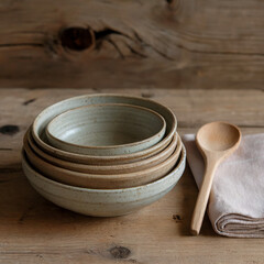 Stacked Ceramic Bowls with Wooden Spoon and Folded Napkin