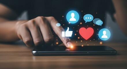 Person using a smartphone with social media icons floating above