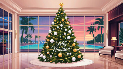 Festive Christmas scene in a tropical hotel lobby, showcasing a grand tree with frosted ornaments, concept of winter holiday