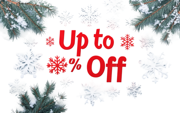 Winter sale banner featuring bold red text announcing major seasonal discounts and promotional shopping offers isolated on transparent background PNG