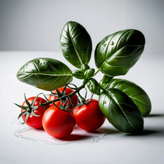 Fresh basil leaves and cherry tomatoes on white surface, concept of natural ingredients