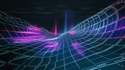 Holographic digital matrix with vibrant neon spectrum, glitch aesthetic and reflective transparent layers