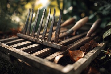 A rake in a garden. Tools for gardening.
