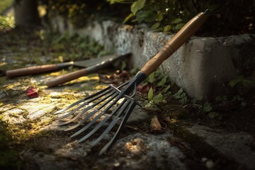 A rake in a garden. Tools for gardening.