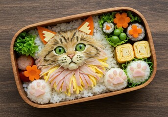 Masterpiece of Kyaraben Art: Realistic Tabby Cat Portrait in a Japanese Bento Box