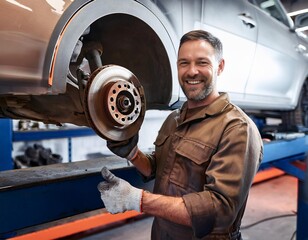 Mechanic smiling and holding car brake disc in repair shop