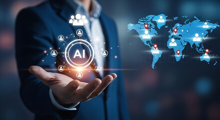 Businessman holding ai symbol with global network and technology icons