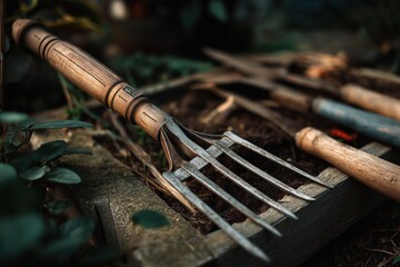 A rake in a garden. Tools for gardening.